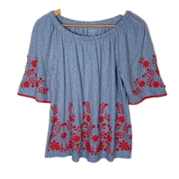 Talbots Blue Red Embroidered Peasant Top Size M P Boho 100% Jersey Cotton Floral - Picture 1 of 6